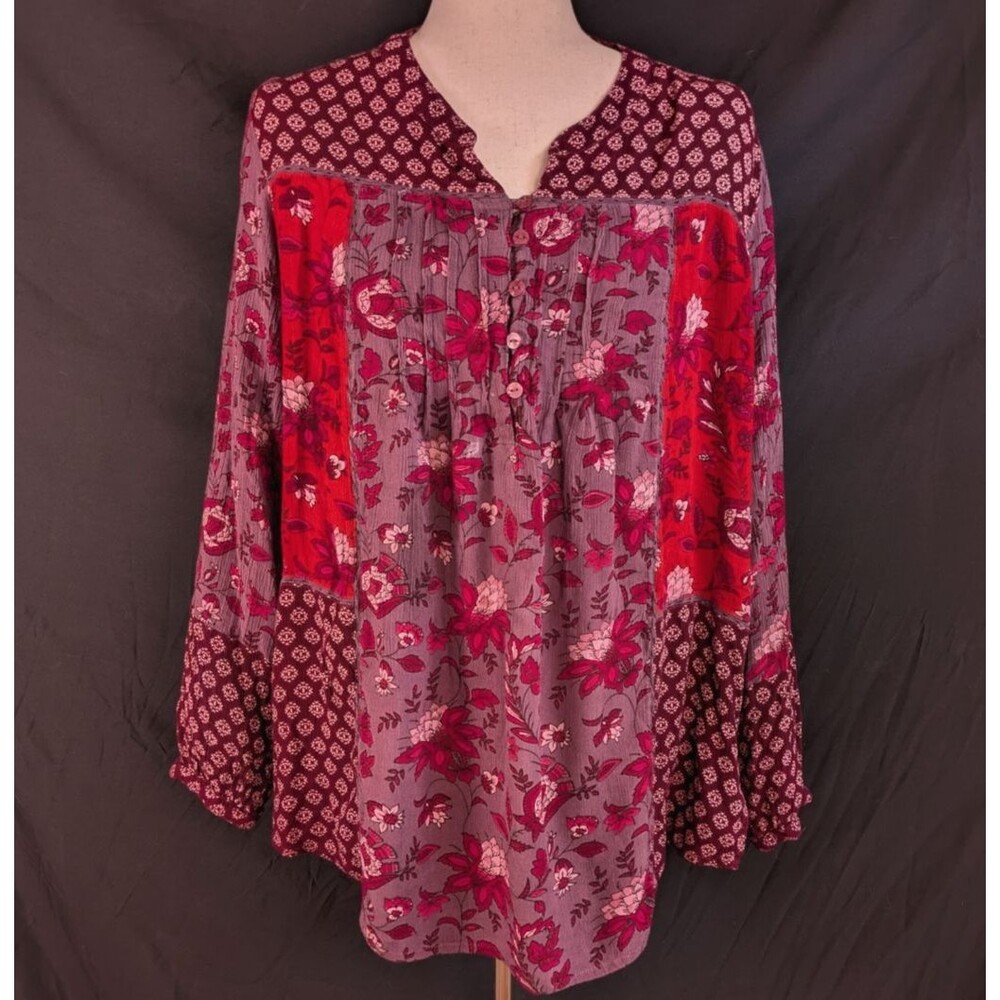 Coldwater Creek Womens XL Purple Red Boho Rayon Gauze Pintuck Tunic Top